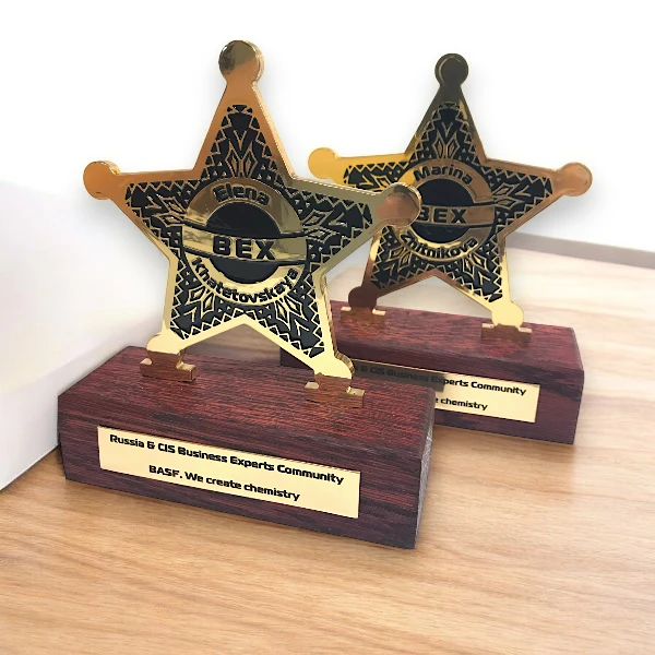 Изготовление наград на заказ для BEX: дерево, латунь, гравировка, краска