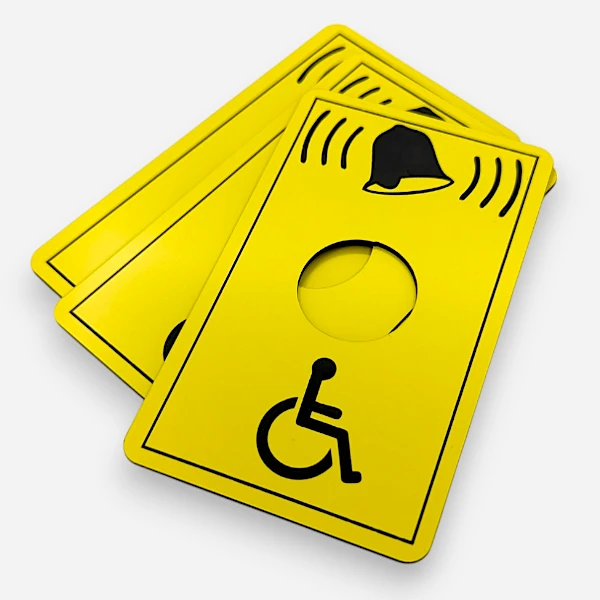 Желтый пластик, лазерная гравировка черным отверстия для крепления