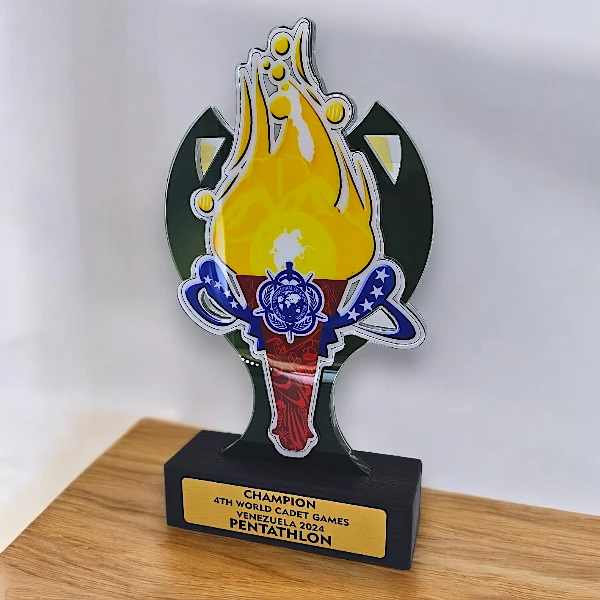 Изготовление наград на заказ из цветного акрила на деревянной подставке