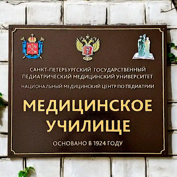 Фасадные таблички с молотковой окраской, 3 объемных герба для Мед училища